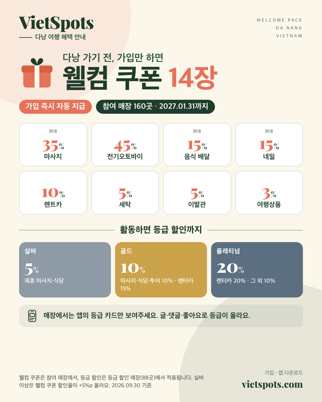VietSpots 웰컴팩 14장·등급 할인 안내