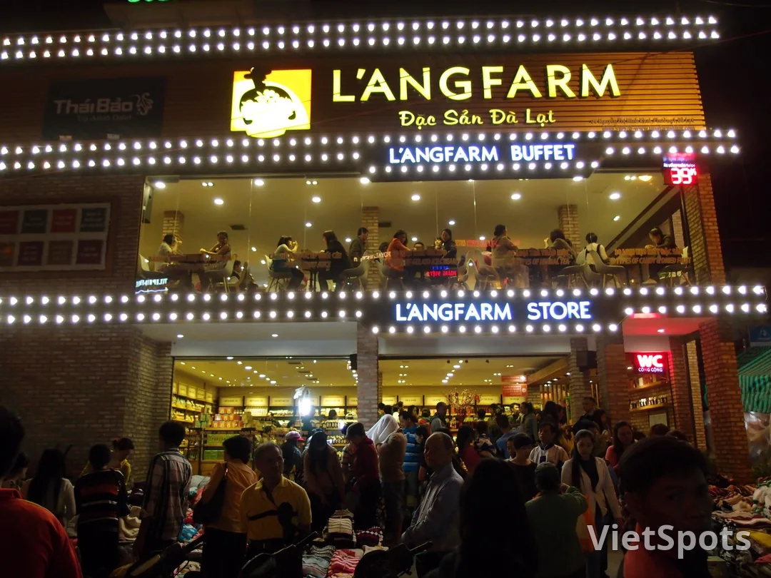 大叻夜市（Dalat Night Market）熱鬧的市集，販售烤米紙、豆奶與各種當地特色美食。