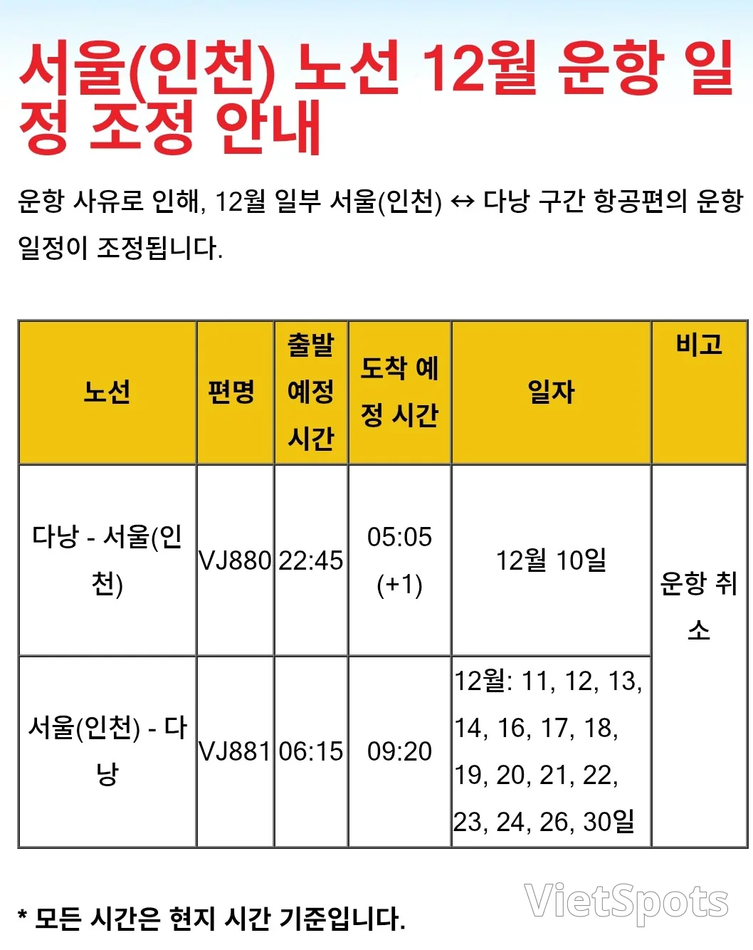 Thông báo điều chỉnh lịch khai thác đường bay Incheon của Vietjet trong tháng 12.
