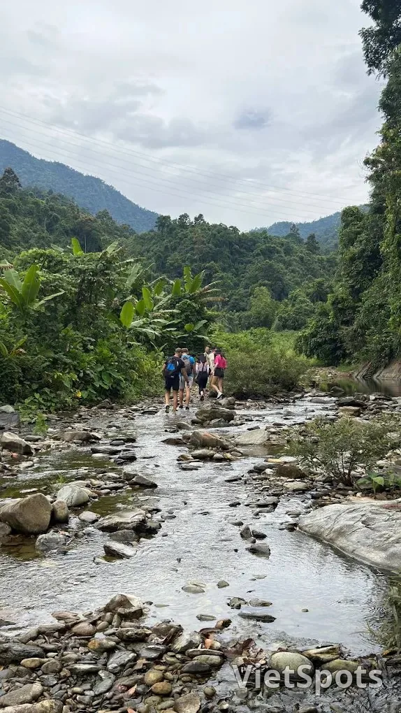 Nhóm 4-5 trekker balo đỏ tím xanh lội qua suối đá giữa rừng nhiệt đới, núi Bà Nà phía xa