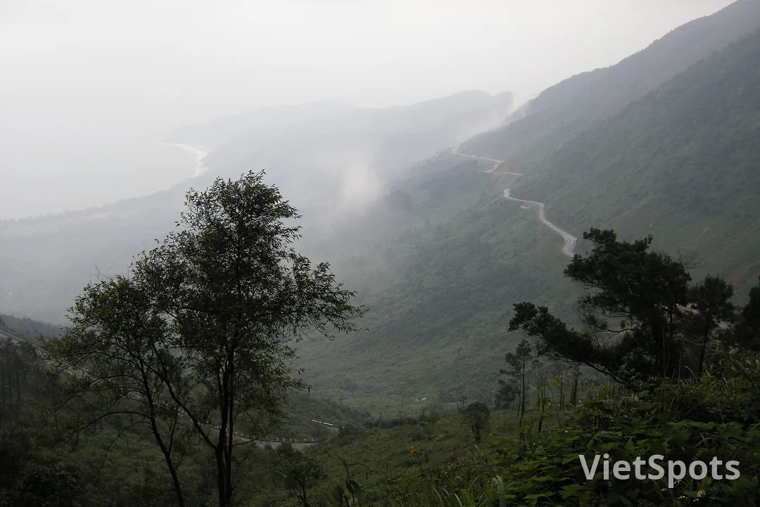Sương tràn qua khúc cua đèo Hải Vân, đường đèo uốn theo sườn núi