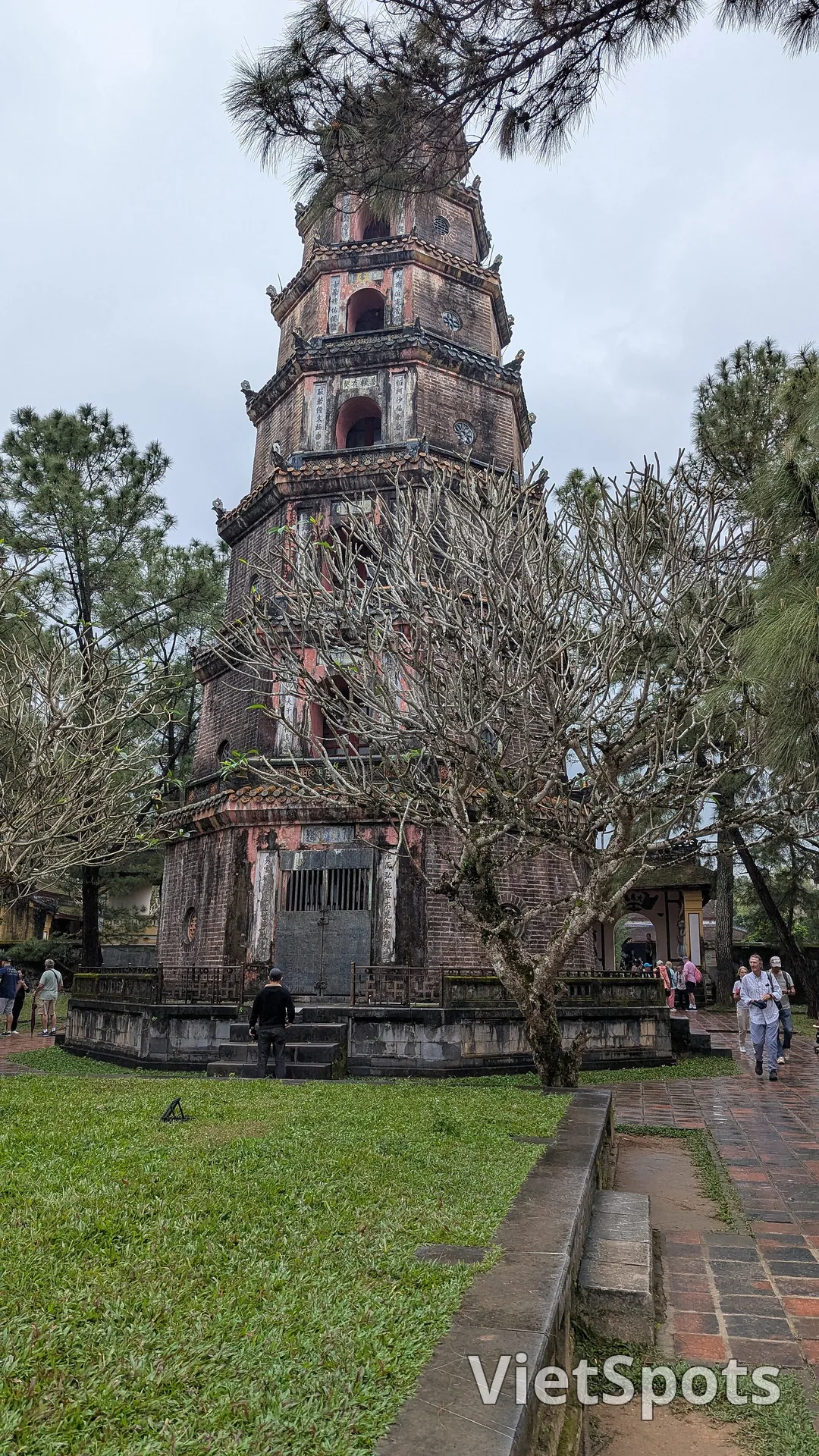 Tháp Phước Duyên bảy tầng của chùa Thiên Mụ bên sông Hương, cây đại trụi lá phía trước, trời xám