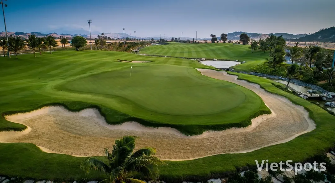 Green ở KN Golf Links Cam Ranh với bẫy cát lớn bao quanh, phía sau là đồi trọc vùng Ninh Thuận lúc chiều muộn