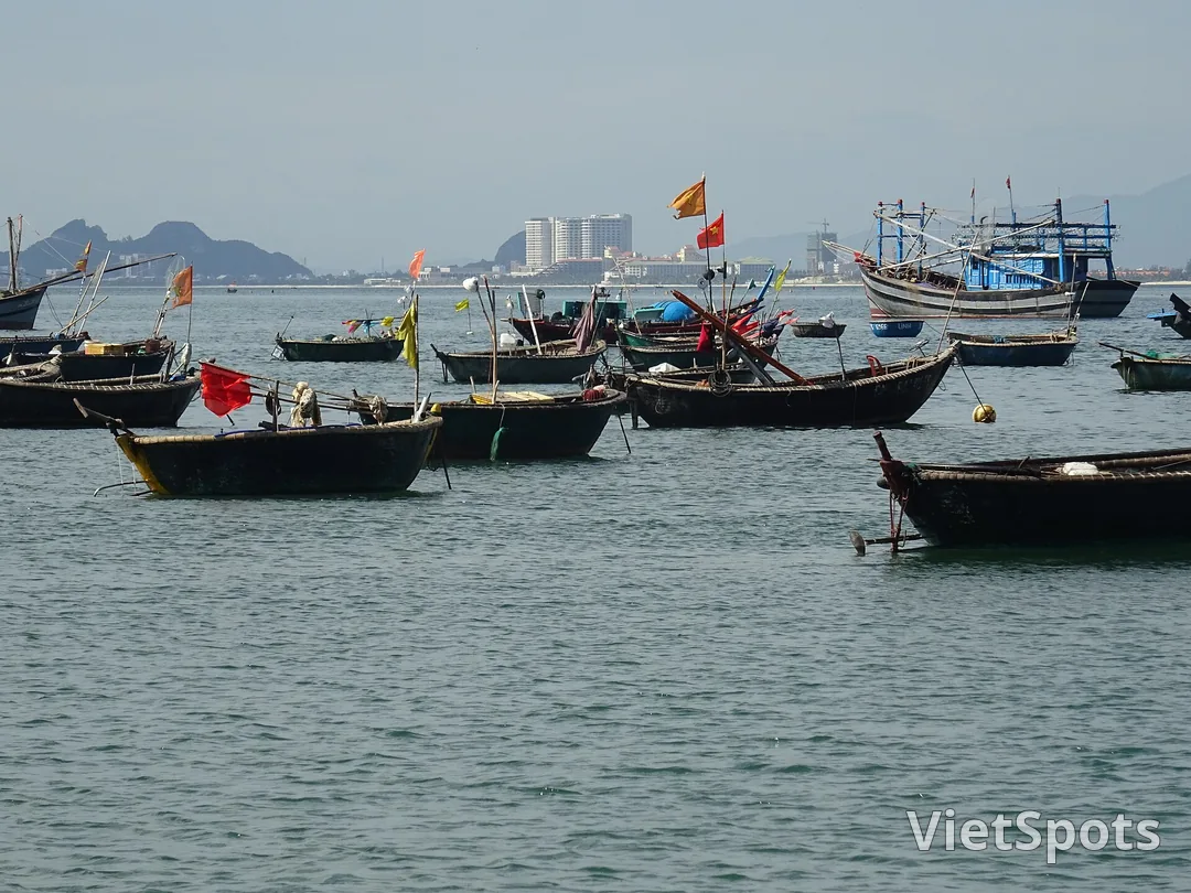 Đội thuyền thúng và tàu gỗ neo sát nhau trên mặt nước, mỗi chiếc cắm một lá cờ nhỏ