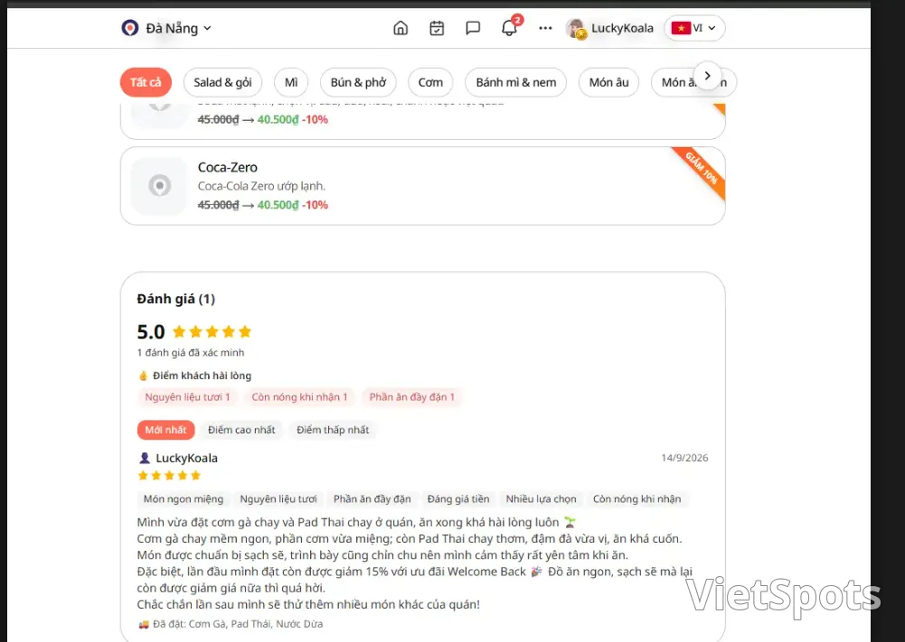 欢迎回归计划 – 通过Vietspots应用点餐可享受15%折扣
