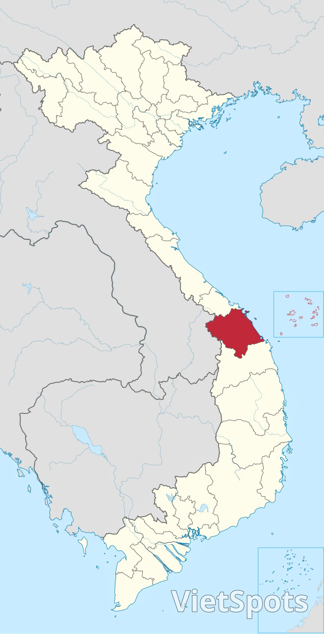 Bản đồ Việt Nam, Đà Nẵng sau sáp nhập tô đỏ: một vùng rộng kéo từ biển vào tận biên giới phía tây