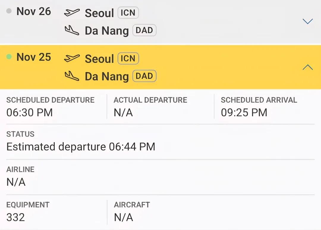 🎈 Thông tin đến sân bay Đà Nẵng ✈️ ngày 25 tháng 11.