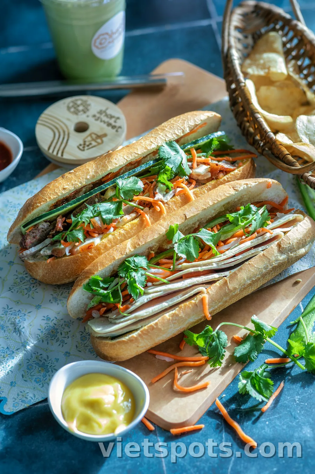 Ổ bánh mì Việt Nam giấy gói nâu — nhân thịt, dưa leo