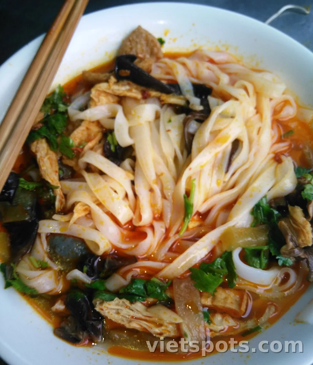 Tô mì Quảng với sợi mì bản to, nấm mèo và rau thơm