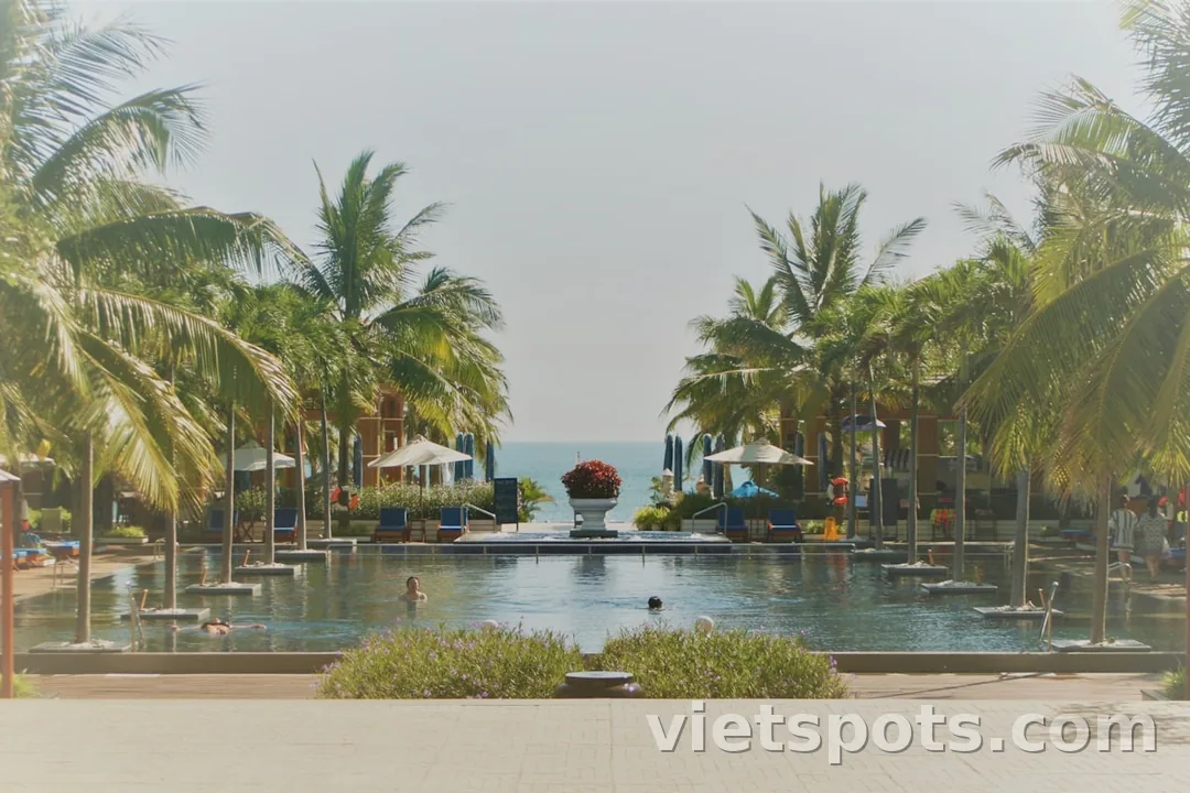 Resort ven biển với hồ bơi vô cực + palm trees hai bên + view đại dương xa xa