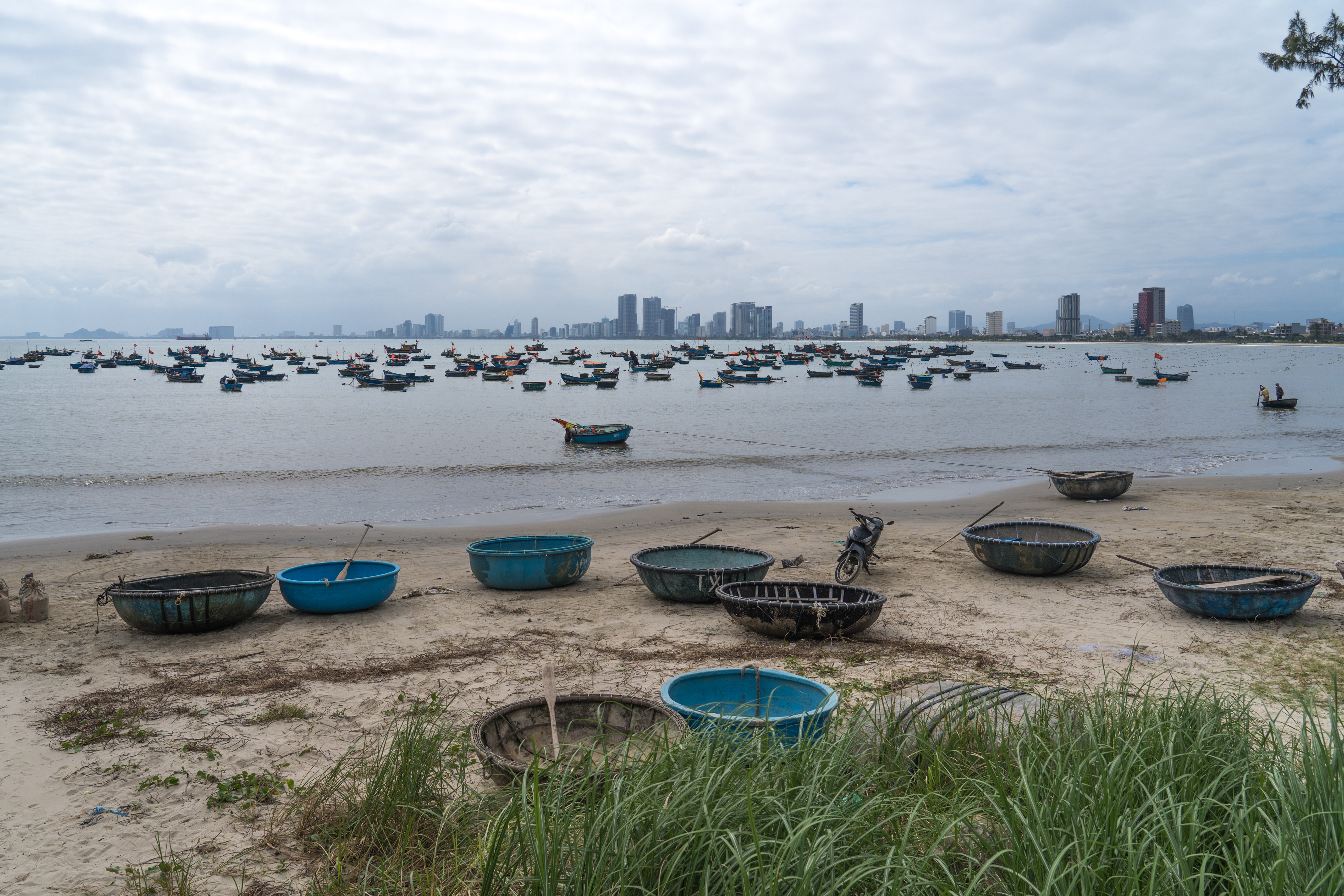 Bãi biển Thọ Quang Đà Nẵng — nhiều thuyền thúng tròn trên cát, đoàn thuyền cá trên biển, skyline ĐN xa xa