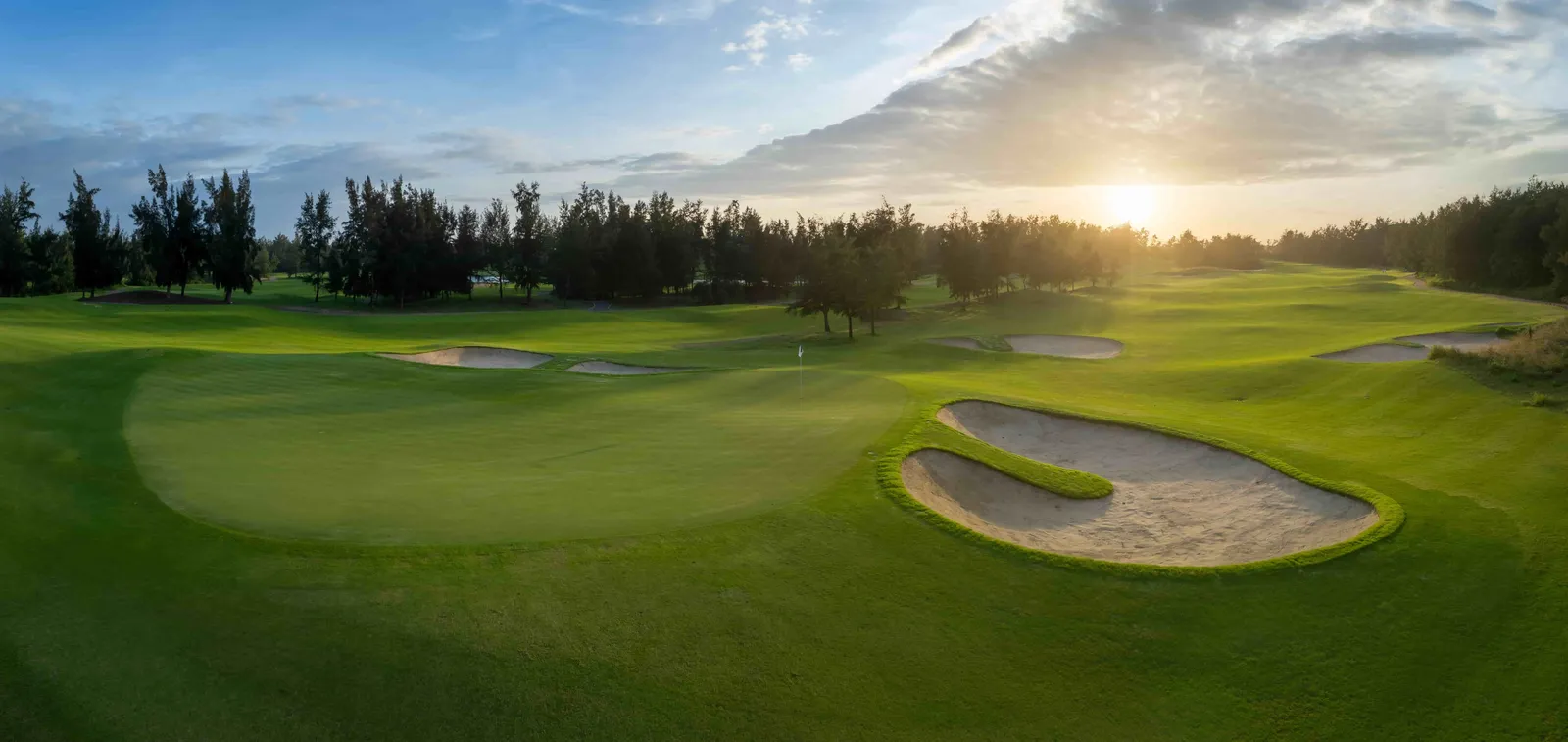 Một green ở Montgomerie Links lúc hoàng hôn với cụm bunker lớn bên phải và rặng phi lao phía sau