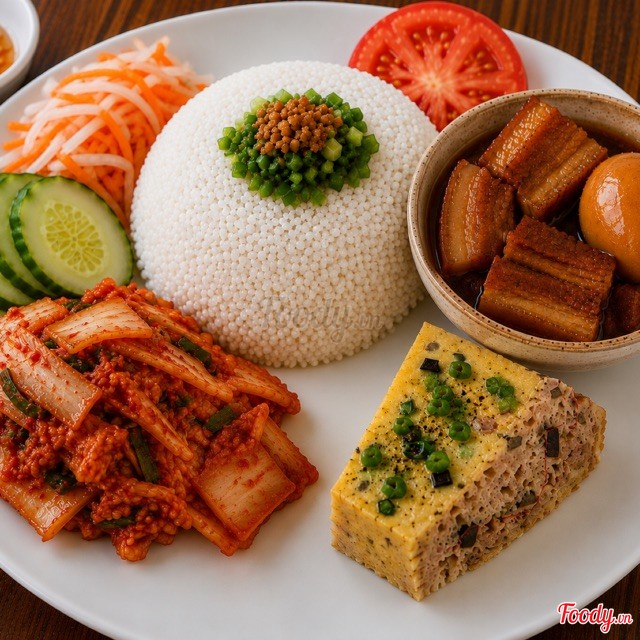 ข้าวหัก + หมูพะโล้ + ไข่ตุ๋นหมูสับ + ไข่เจียว