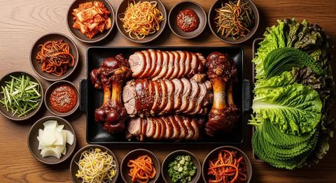 Chân giò heo (lớn) + Makguksu cho 2 + phần kèm (canh kimchi + mì ly + món phụ và rau)