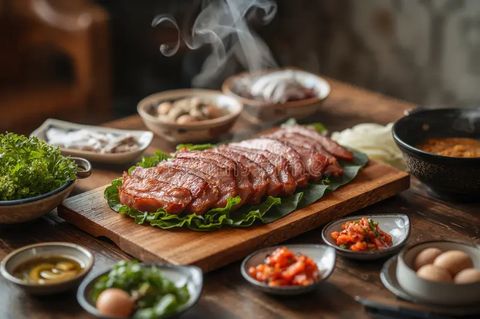 Bossam (lớn) + Makguksu cho 2 + phần kèm (canh kimchi + mì ly + món phụ và rau)