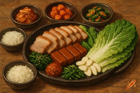 Bossam thảo mộc (nhỏ) + phần kèm (mì ly + canh kimchi + 6 món phụ)