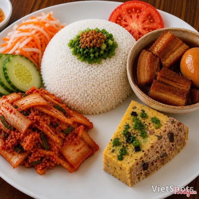 껌떰 + 돼지고기 간장조림 + 찐 고기계란전 + 계란프라이