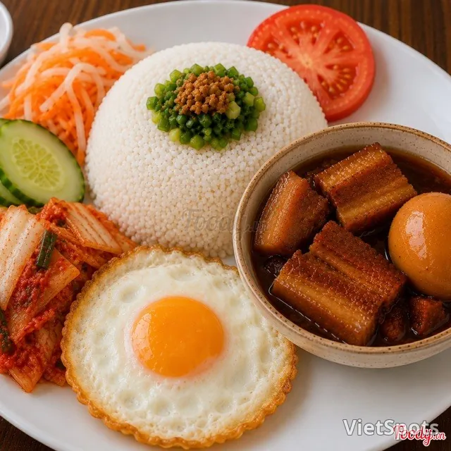 껌떰 + 돼지고기 간장조림 + 반숙 계란프라이 + 계란프라이