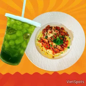 牛ひき肉パスタ+グリーンライムティー