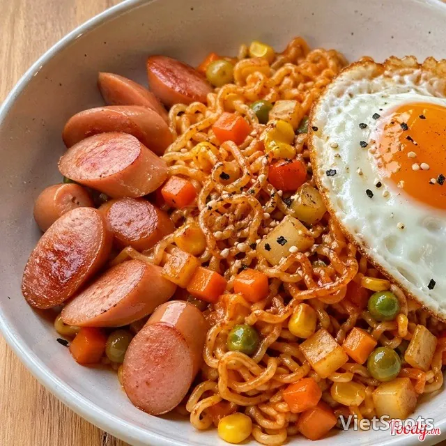 ソーセージと卵の混ぜ麺