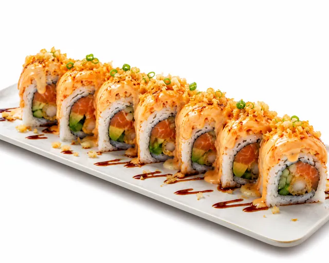 Cơm cuộn phủ cá hồi tempura sốt
