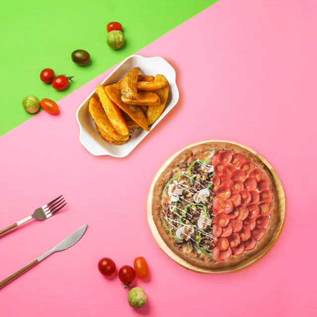 [Không thể cưỡng lại sự kết hợp này] Pizza half half+ 1 món ăn kèm + set đồ uống